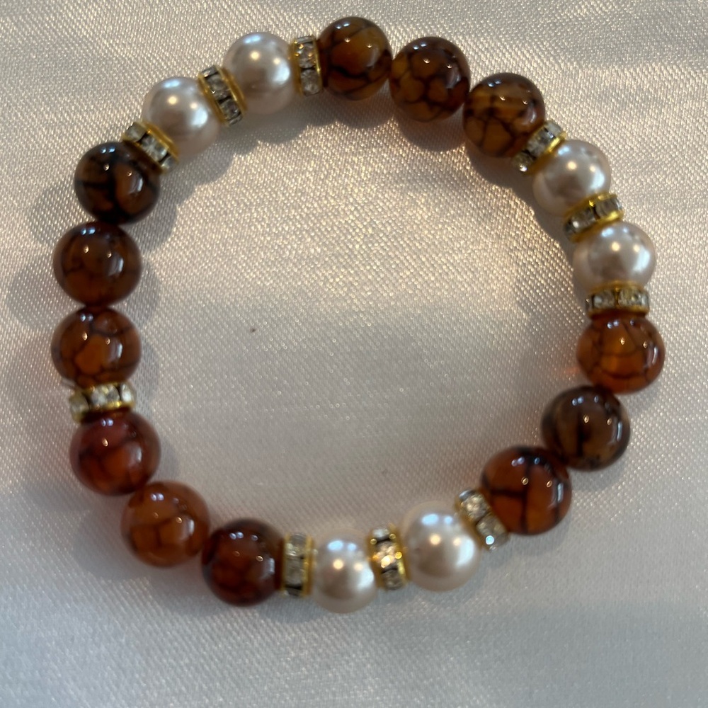 Handmade Tiger Eye Inspired Beaded Bracelet Pearl Rhinestone Stretch Bracel